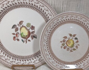 Johnson Brothers Fruit Sampler Old Granite Salad Plates Vintage Ironstone with Yellow Plums, Pears & Raspberry