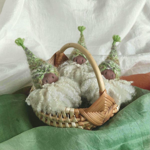 Knitted Waldorf Gnomes, Set of 3, with Wicker Basket, Children's Toy, Easter Decoration, OOAK