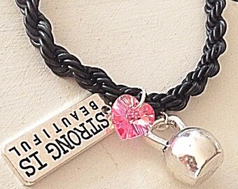 Personalized Strong is Beautiful Black French Rope Bracelet Silver Kettlebell Swarovski Crystal Pink Heart-Shaped Charm for Fitness/CrossFit