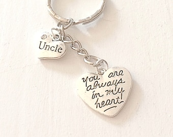 May include: Silver keychain with two heart-shaped charms. One charm says "Uncle" and the other says "You are always in my heart".