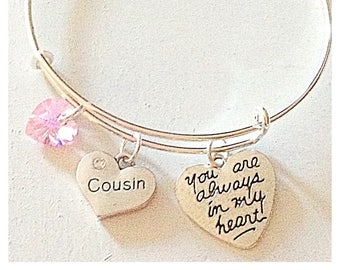 Personalized Cousin Silver Bangle Charm Bracelet You Are Always in My Heart Custom Swarovski Crystal Gift of Love and Memories