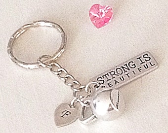 Strong is Beautiful Custom Silver Keychain with Kettlebell & Personalized Initial Charm *Optional Swarovski Crystal Heart* Fitness