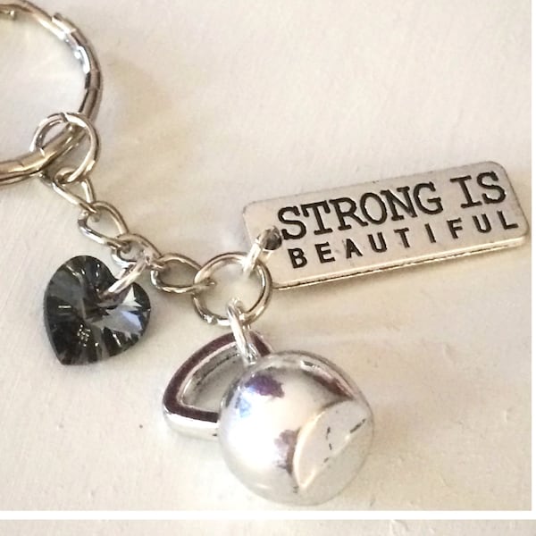 Personalized Strong is Beautiful Kettle Bell Silver Charm Keychain Swarovski Crystal Color Option Fitness Bodybuilding Inspiration