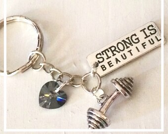 Personalized Strong is Beautiful Barbell Silver Charm Keychain Swarovski Crystal Color Option Fitness Bodybuilding Inspiration