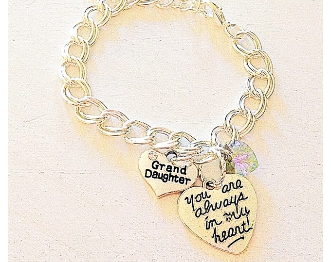 Personalized You Are Always in My Heart Grand Daughter Custom Charm Bracelet Silver Swarovski Color Option/Birthstone Jewelry Gift of Love