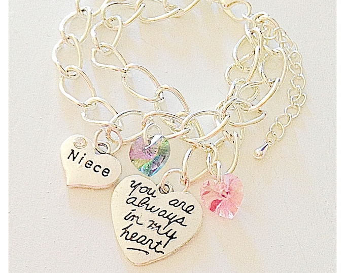 Personalized Niece Silver Dual-Chain Charm Bracelet You Are Always In My Heart Custom Swarovski Jewelry Gift of Love and Memories