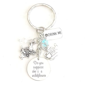 Personalized Do You Suppose She's a Wildflower Alice in Wonderland Silver Charm Keychain Custom Gift of Love Merchandise for Women