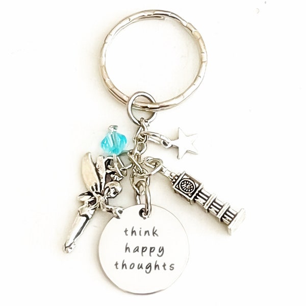 Personalized Think Happy Thoughts Tinker Bell Peter Pan Silver Charm Keychain Custom Gift of Love Merchandise and Accessories for Women