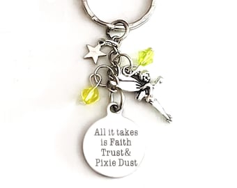 Personalized All It Takes is Faith Trust & Pixie Dust Peter Pan Tinker Bell Merchandise Silver Charm Keychain Accessories Gift of Fairy Love