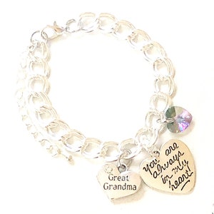 Personalized You Are Always in My Heart Great Grandma Custom Charm Bracelet Silver with Swarovski Crystal Birthstone Jewelry Gift of Love