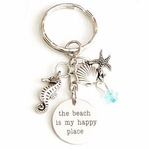 Personalized The Beach is My Happy Place Silver Charm Keychain Custom Gift Accessories for Ocean Lovers
