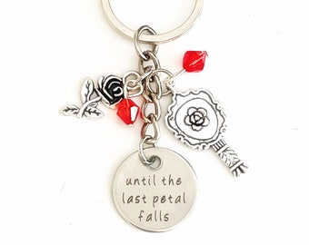 Personalized Until the Last Petal Falls Belle Beauty and the Beast Inspired Disney Silver Charm Keychain Custom Gift of Love