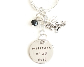 Personalized Mistress of All Evil Maleficent Sleeping Beauty Inspired Silver Disney Villain Charm Keychain Custom Gift