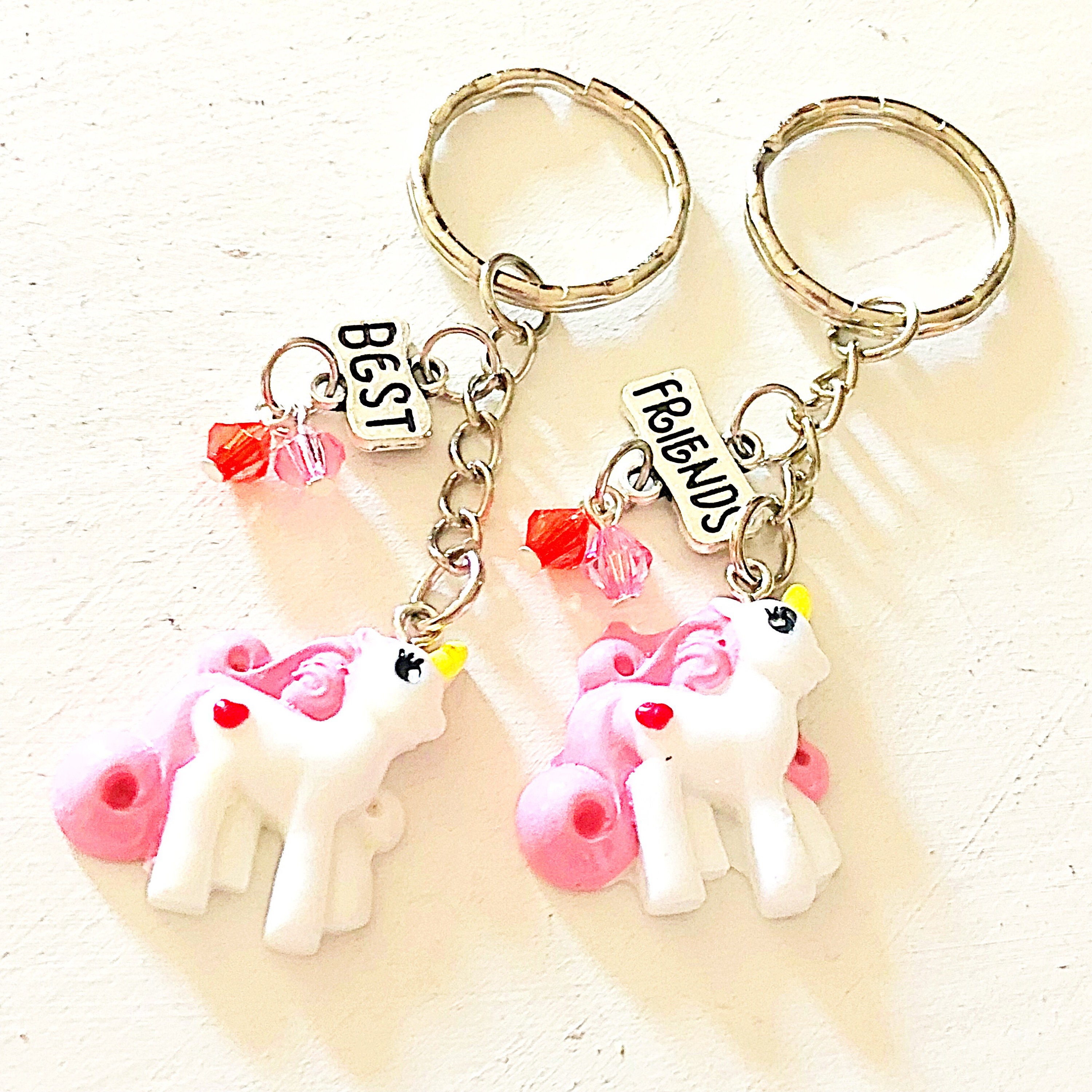 Set of Adorable Matching Unicorn Best Friends Silver Keychains Pink