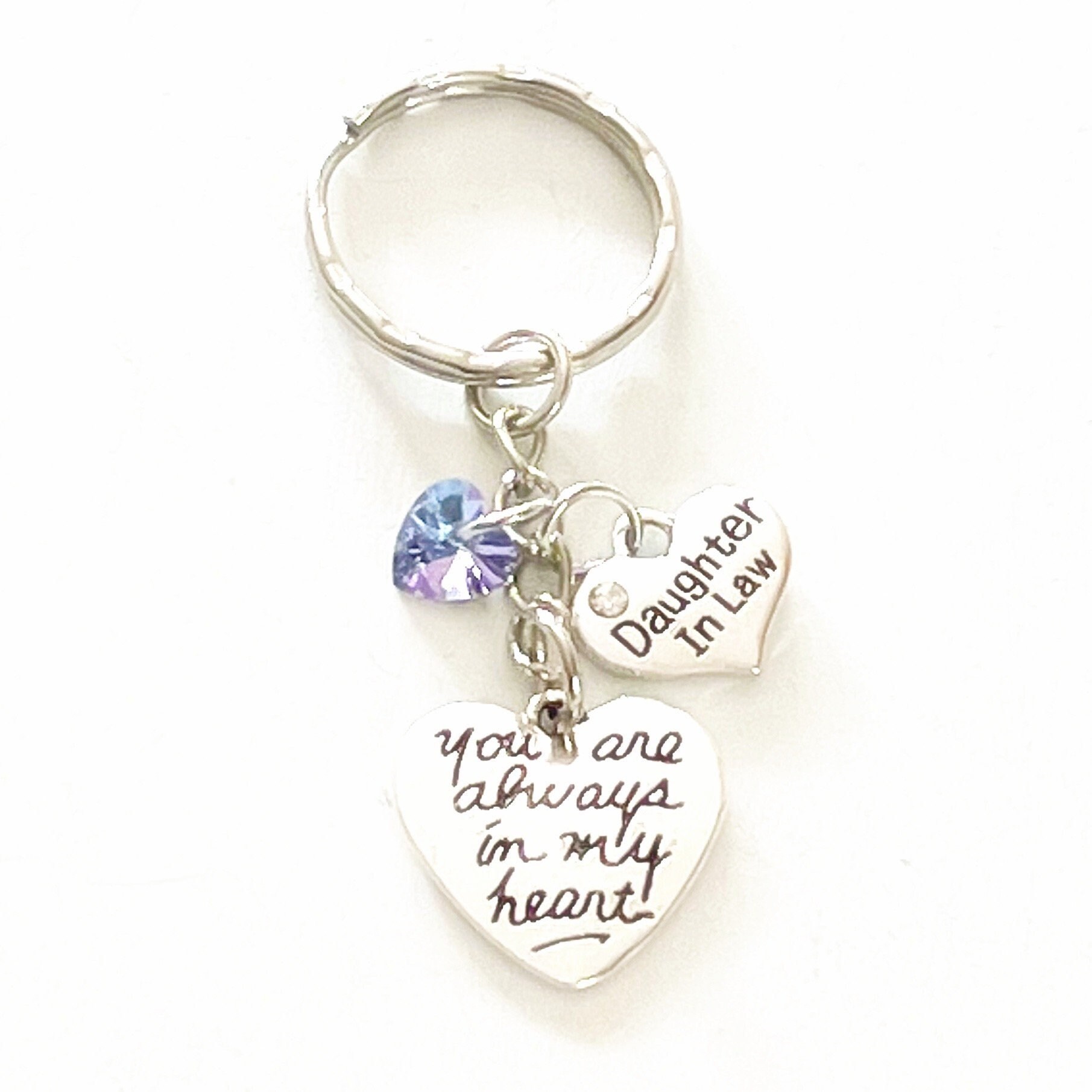 Daughter in Law Keychain Initial Birthstone Silver Charm Wedding Personalized 