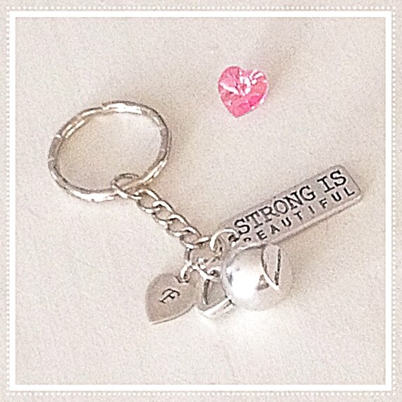 Strong is Beautiful Custom Silver Keychain with Kettlebell & Personalized Initial Charm *Optional Swarovski Crystal Heart* Fitness