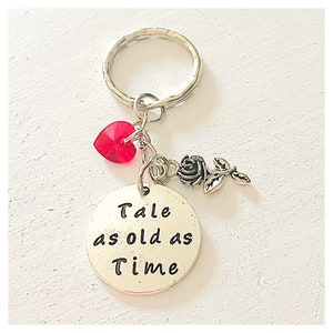 Personalized Beauty and the Beast Belle Inspired Silver Disney Keychain 'Tale as old as Time' Ruby Heart Accent Charm Gift for a Princess