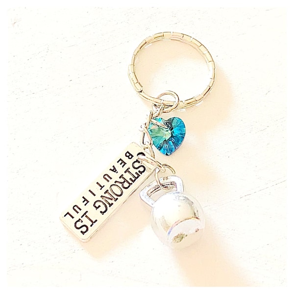 Personalized Strong is Beautiful Kettlebell Silver Charm Keychain Swarovski Crystal Strength Fitness Inspiration Gift