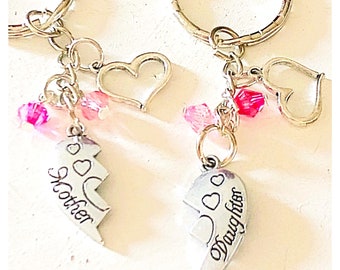 Personalized Set of Matching Mother & Daughter Heart Connection Silver Keychains Gift of Love