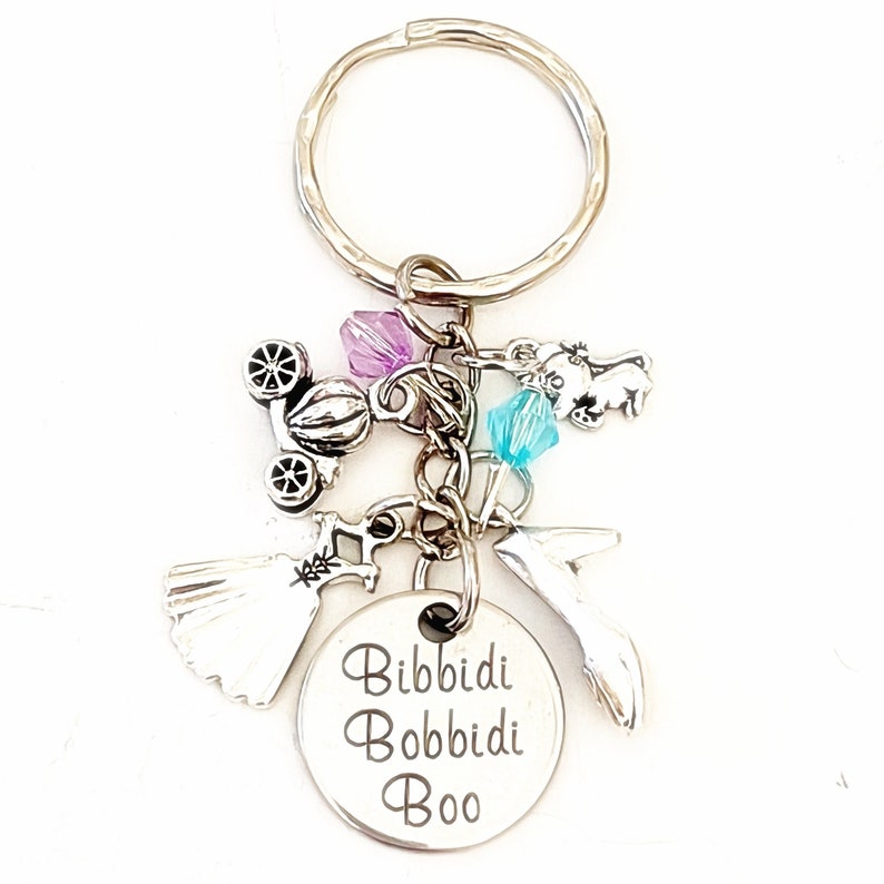 Personalized Bibbidi Bobbidi Boo Cinderella Fairy Godmother Silver Disney Princess Charm Keychain Custom Gift Merchandise for Women image 1