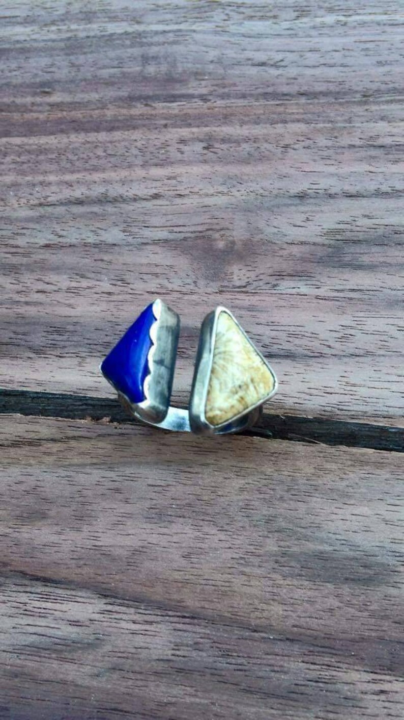 Multi Stone Adjustable Laps Lazuli and Coral Fossil Silver Ring