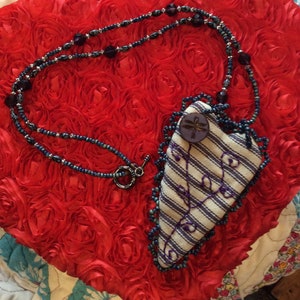 Two sided beaded fabric heart necklace