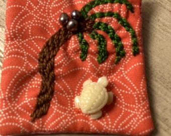 Tropical tree with turtle.  Real cultured pearls pin brooch.