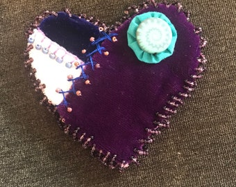 Velvety crazy quilt heart pin brooch