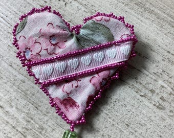 Floral pink and green heart pin brooch