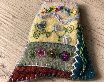 Crazy quilted wool embroidered pin brooch