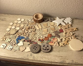 Lot of painted and unpainted wood pieces for crafts