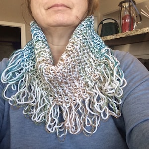 Fringy sparkly purple, gold, teal, white scarf