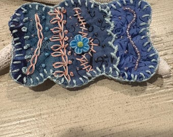 Blue crazy quilt pink and blue pin brooch
