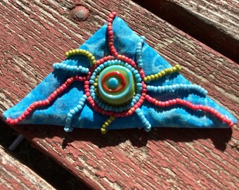 Triangular abstract beaded sun pin brooch