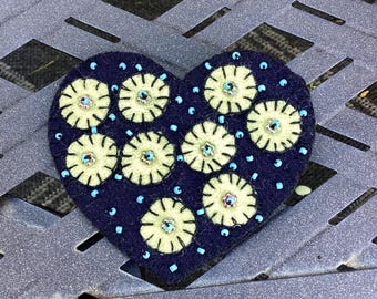 Heart penny rug wool pin brooch