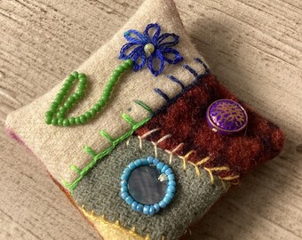 Felted wool pin brooch crazy quilt