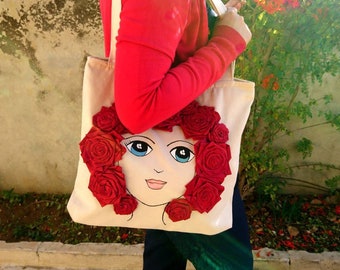 Canvas tote bag for women, art tote bag, fabric bag with zipper, handmade book tote bag, everyday bag, ribbon roses, Juuri