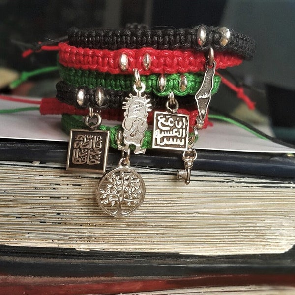 Bracelet Palestine, bracelet Handalah en argent, bracelet carte Palestine, clé, bracelet olivier, bijoux Palestine, bracelet à breloques en macramé