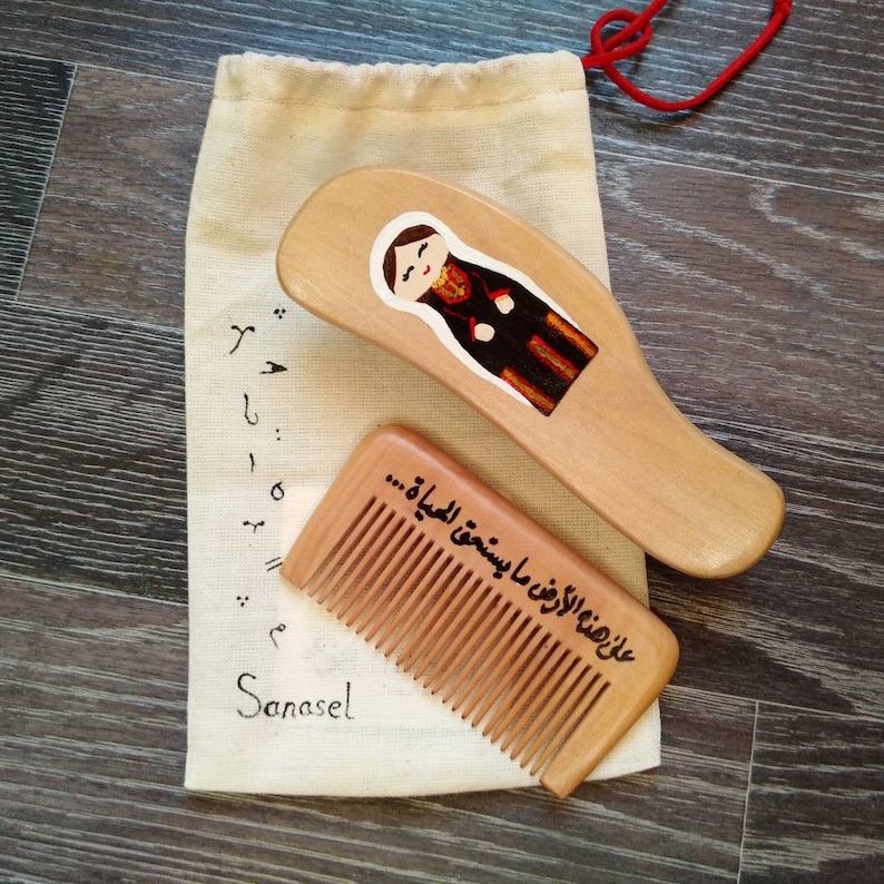 Palestinian art hand painted wood comb, painted Palestinian women and olive branch on a wooden comb image 7