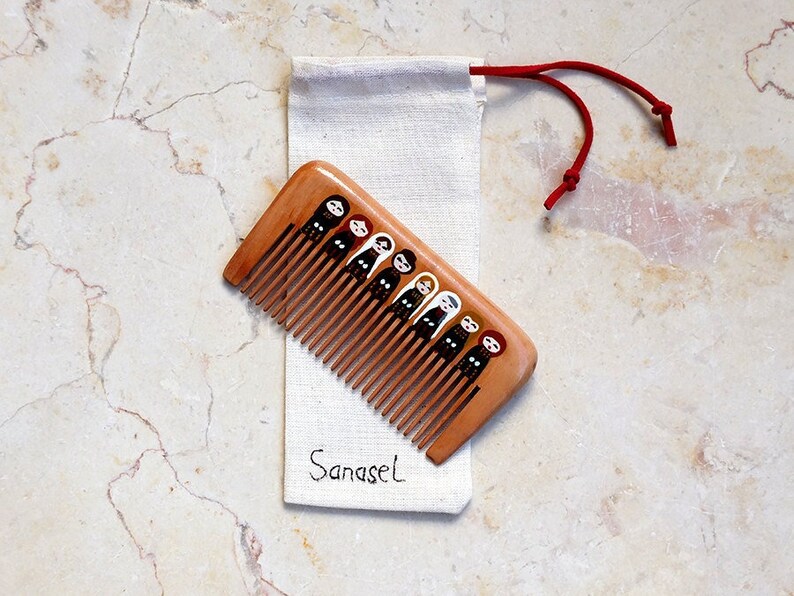 Palestinian art hand painted wood comb, painted Palestinian women and olive branch on a wooden comb image 2