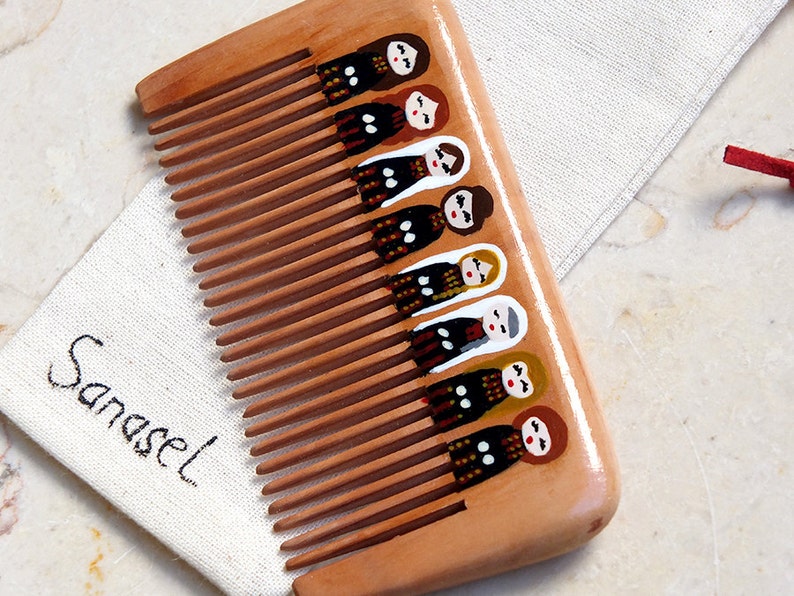 Palestinian art hand painted wood comb, painted Palestinian women and olive branch on a wooden comb image 3