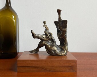 Bronze Sculpture Vintage Signed Abstract on Teak Base