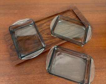 Vintage 1960s Danish Modern Smoke Gray Glass Dishes on Rectangular Teak Serving Tray