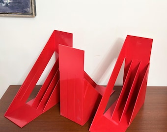 Vintage Red Record / Magazine Rack By Giotto Stoppino For Heller Set of 3