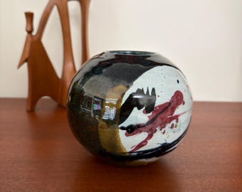 Abstract Calligraphic Glaze Spherical "ball" Ceramic Signed Vase / Vessel