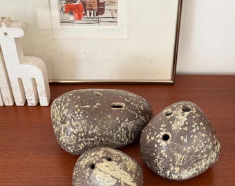 Set di vasi in ceramica vintage modernista con ciottoli, pietre di fiume e erbacce