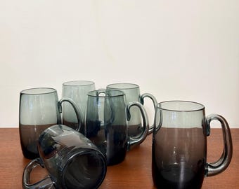 Vintage Hadeland Glassverk Kollen Smoked Beer Mugs Willy Johansson Norway Scandinavian Mid Century Modern Barware Grey Glass Tankards Set 6