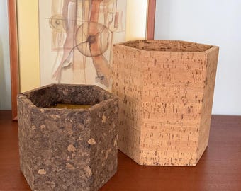 Vintage Portugal 1970s Brown Cork Planter Set Hexagon Vase