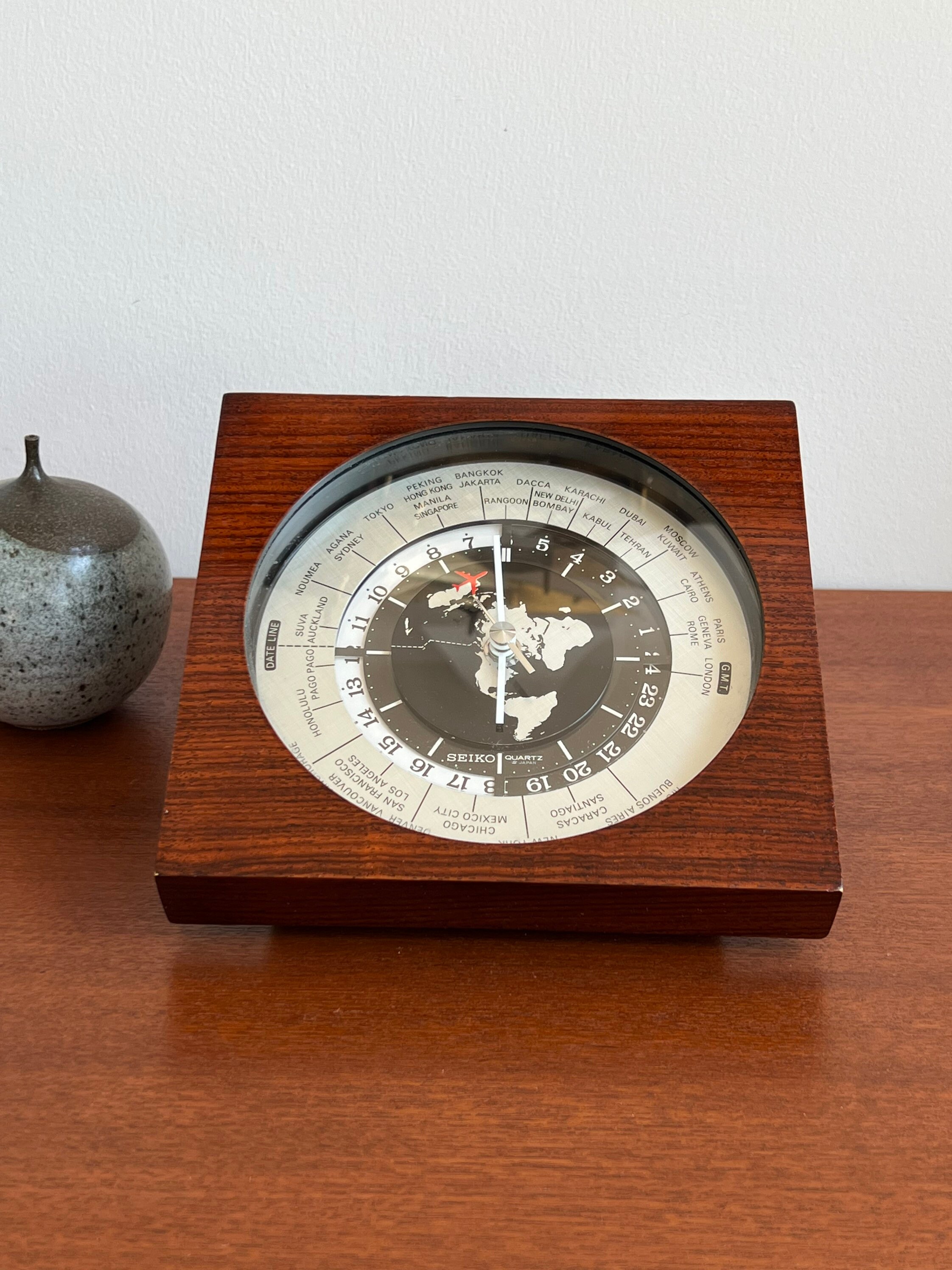 Vintage Wood Japan Seiko Quartz World Clock Time Red Airplane - Etsy