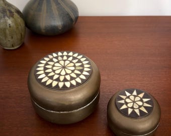 Round Brass Lidded Trinket Box Set with Mosaic Bone Decorative Inlay Design